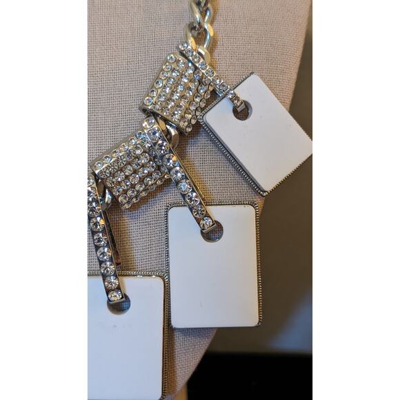 Traci Lynn Rhinestone White Tile  Silver Tone Chunky Chain Statement Necklace - Picture 3 of 6